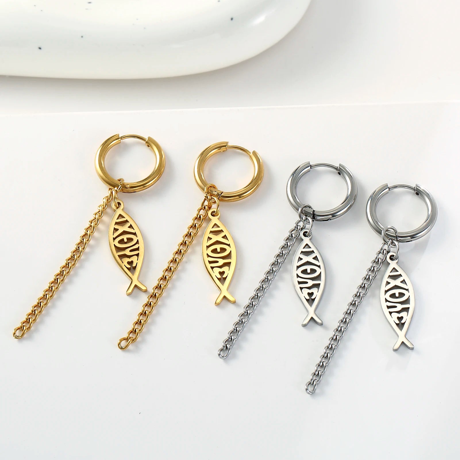 Varios Pendientes de Aro con Cadena y Pez Ichthys en Acero Inoxidable