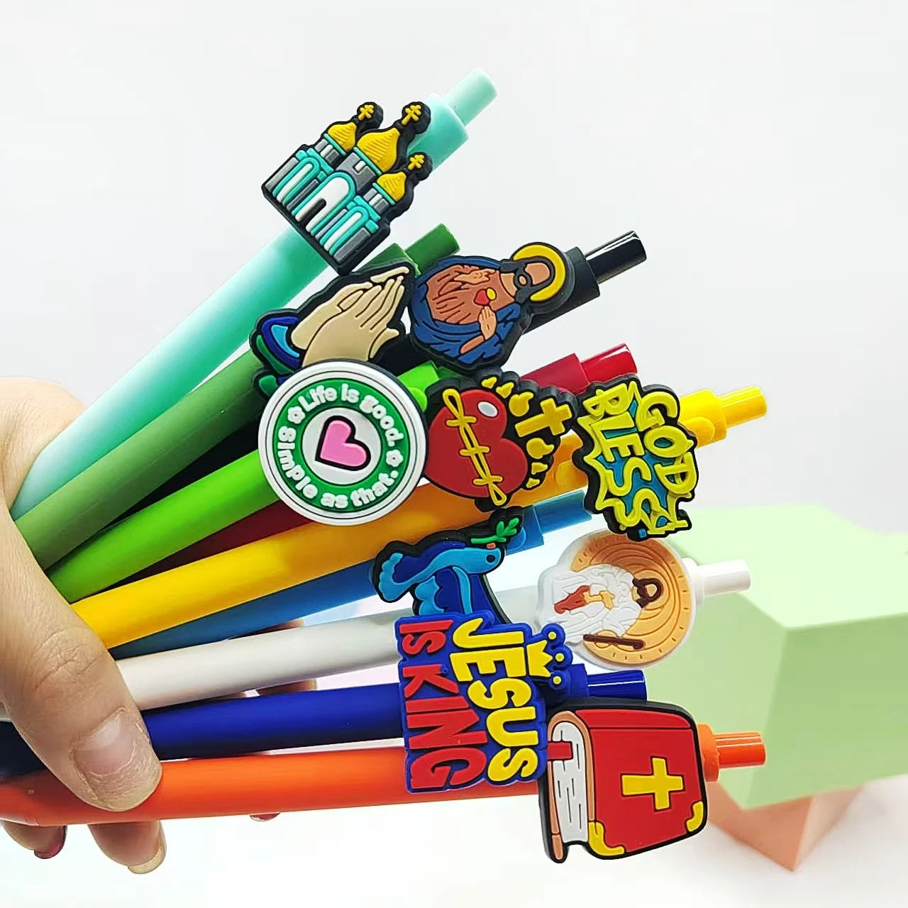 Set de 10 Bolígrafos Cristianos con Apliques de Temática de Fe y Figuras Religiosas