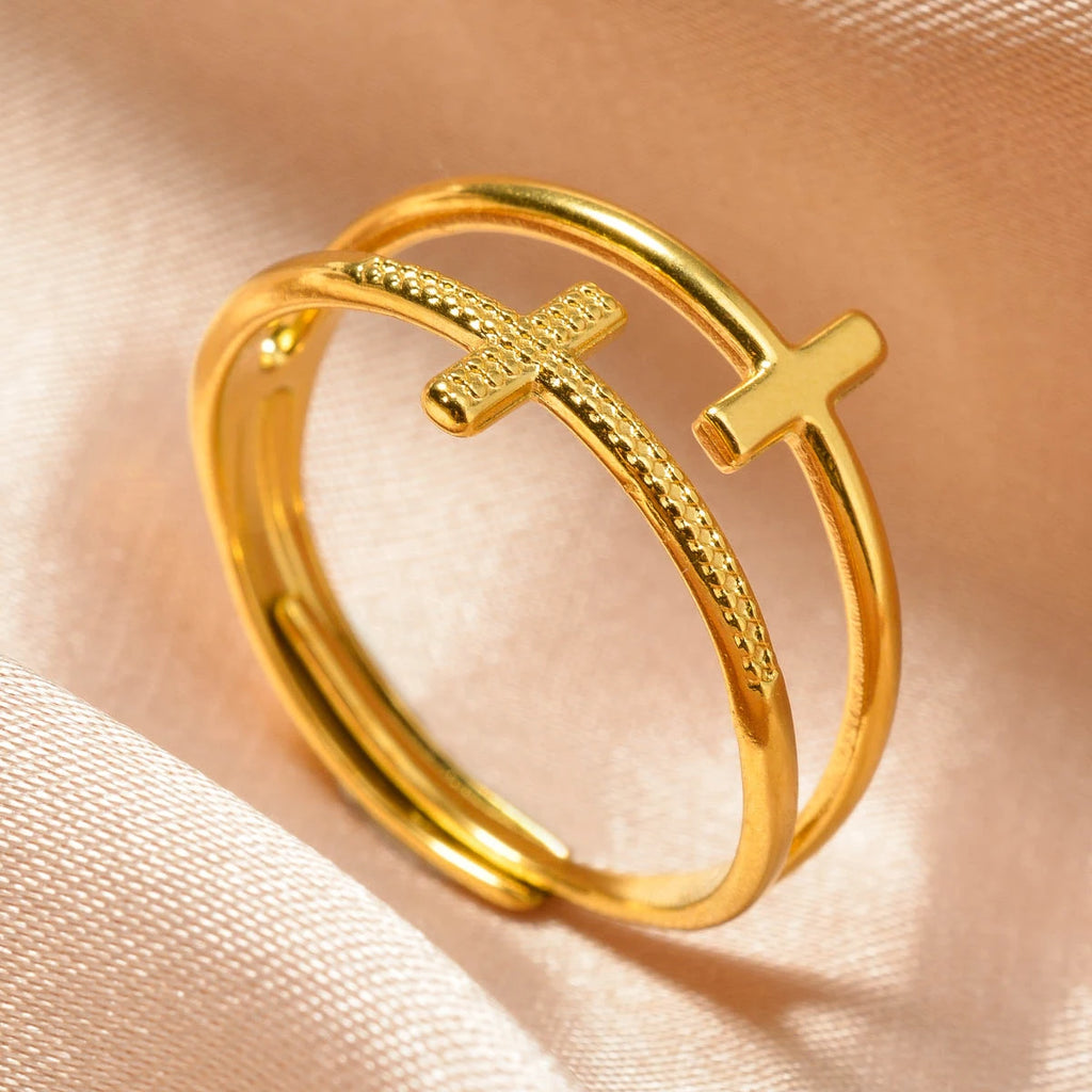 Anillo de Cruz para Mujer en Acero Inoxidable con Baño de Oro 18k