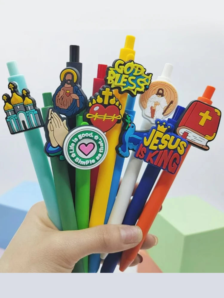 Set de 10 Bolígrafos Cristianos con Apliques de Temática de Fe y Figuras Religiosas