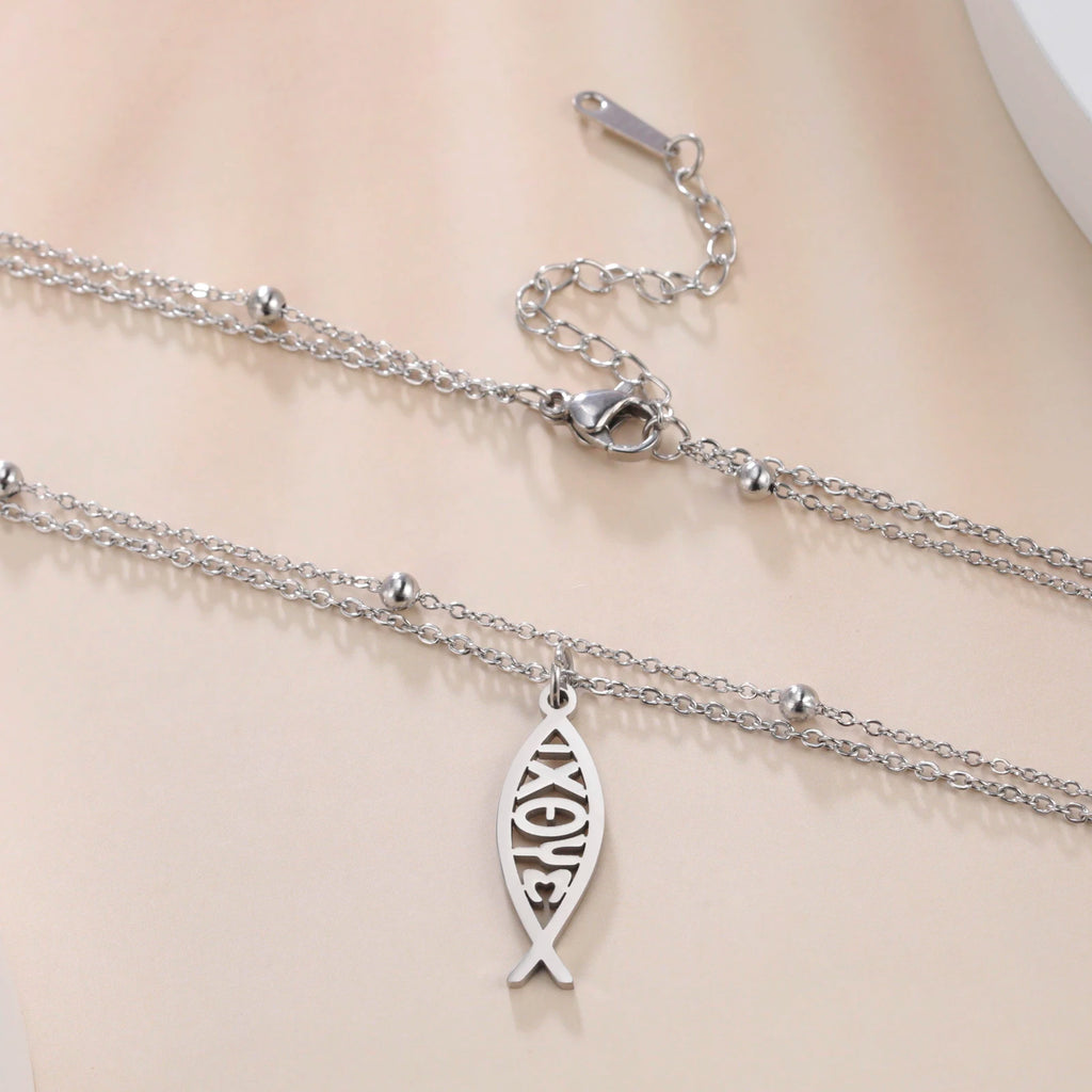 Collar Doble Capa Pez Ichthys Griego Acero Inoxidable para Mujer