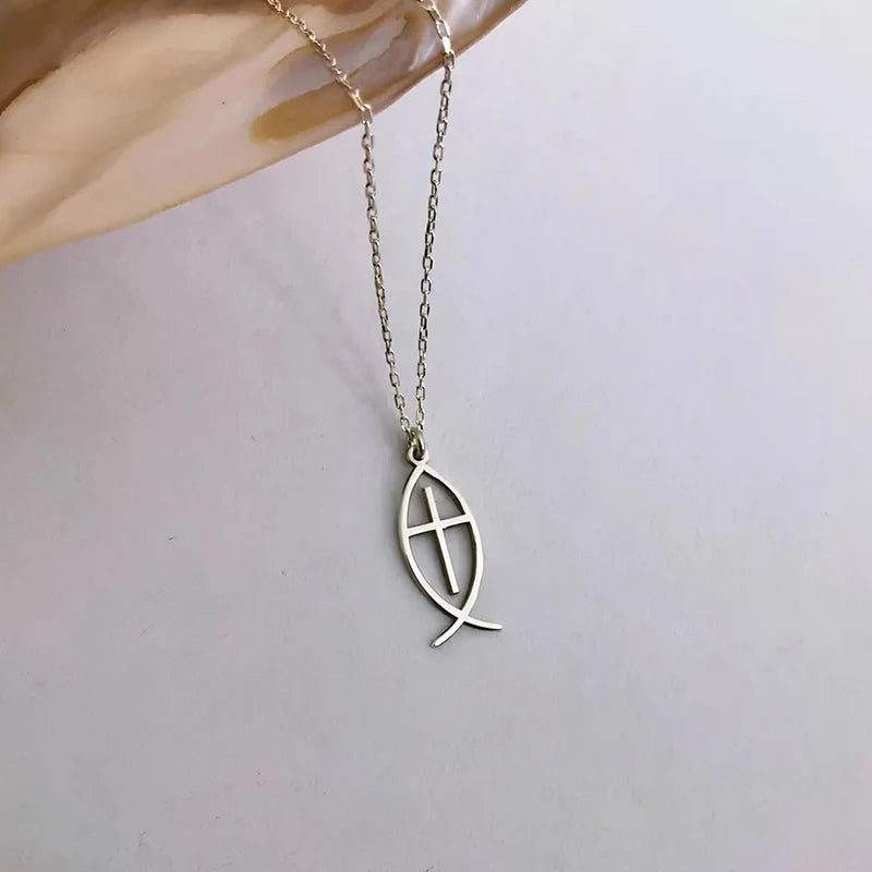 Collar de Pez Ichthys con Cruz de Fe Cristiana