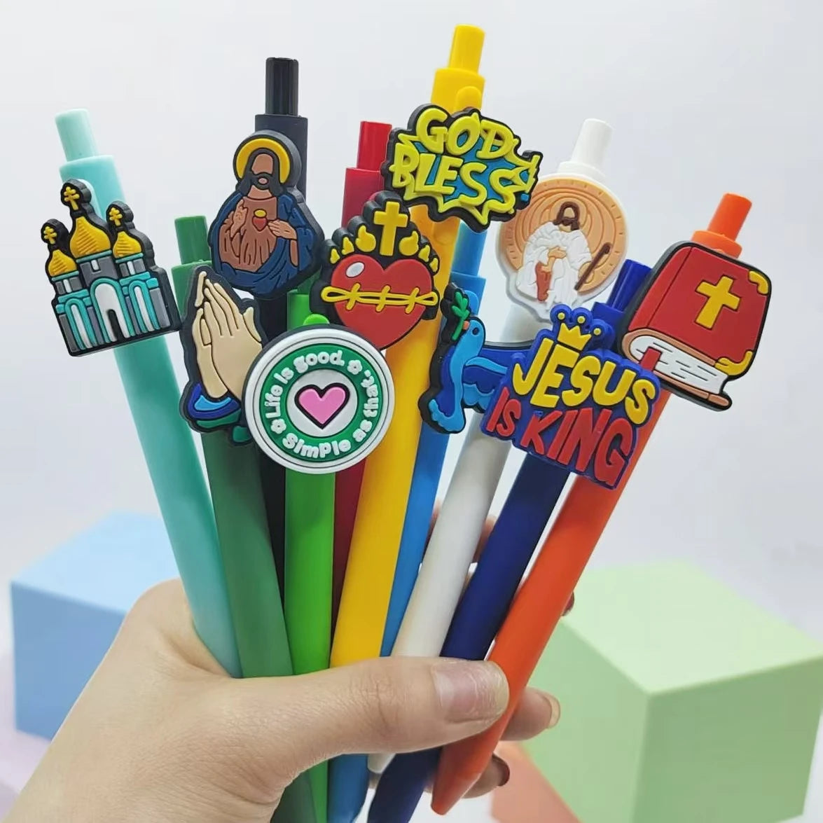 Set de 10 Bolígrafos Cristianos con Apliques de Temática de Fe y Figuras Religiosas