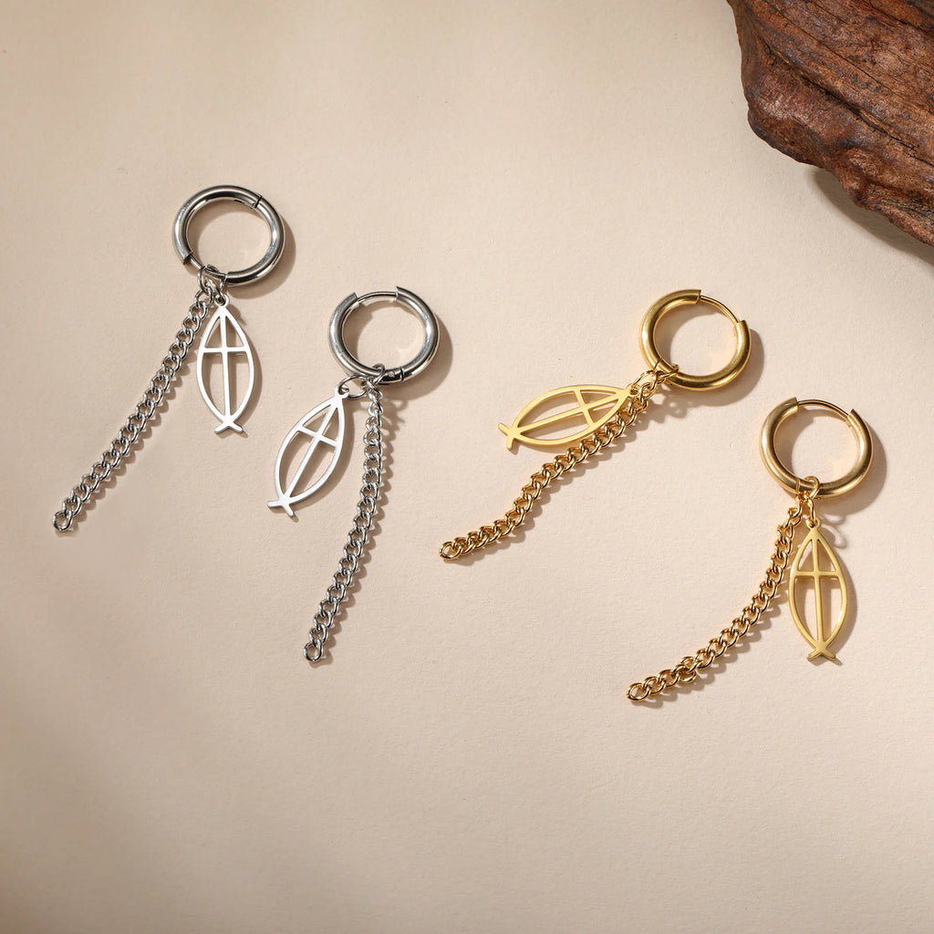 Varios Pendientes de Aro con Cadena y Pez Ichthys en Acero Inoxidable