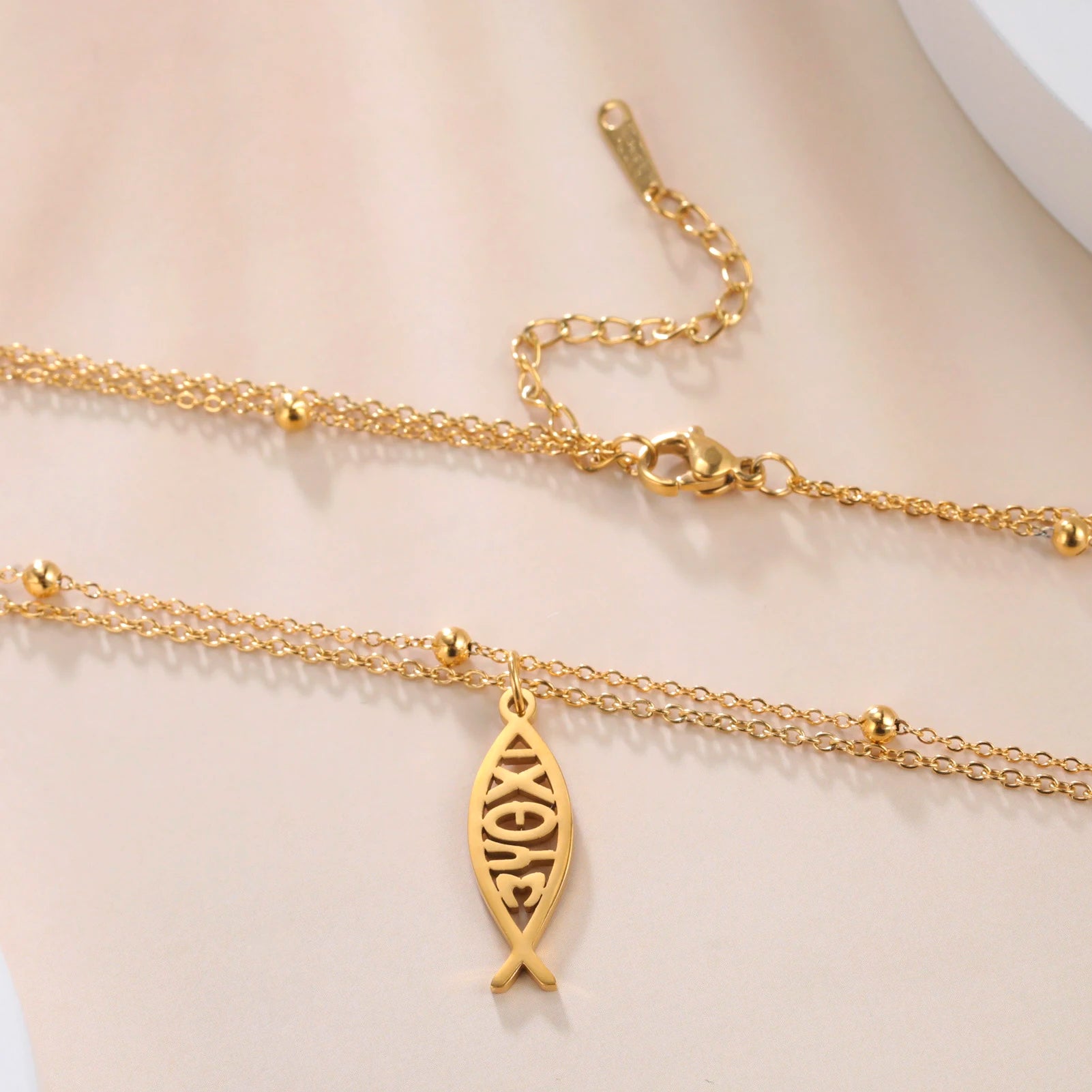 Collar Doble Capa Pez Ichthys Griego Acero Inoxidable para Mujer