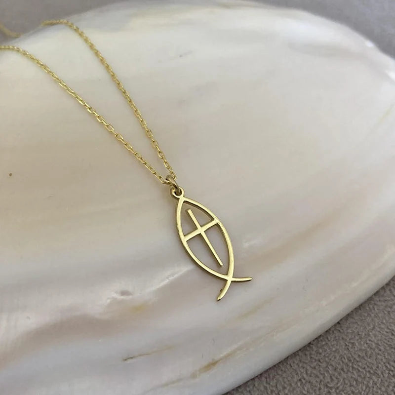 Collar de Pez Ichthys con Cruz de Fe Cristiana
