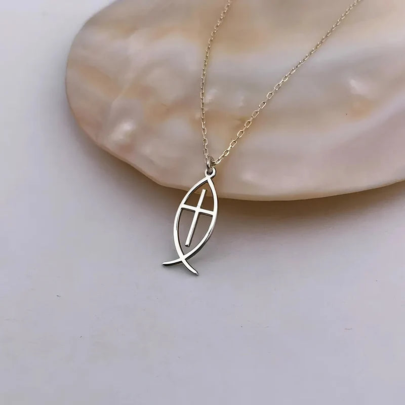 Collar de Pez Ichthys con Cruz de Fe Cristiana