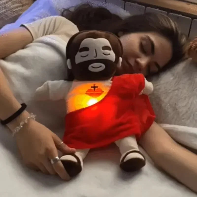 Peluche de Jesús con Respiración Rítmica, Luz Tenue y Música de Relajación