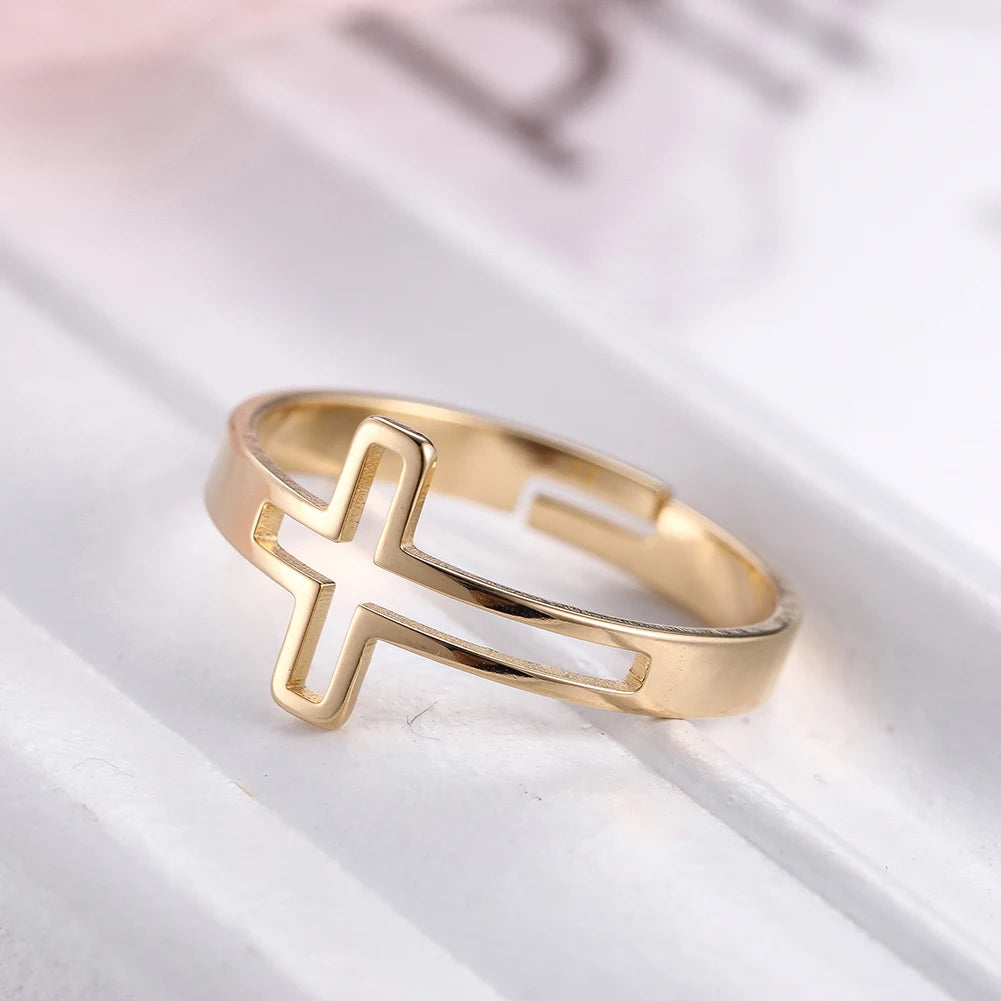 Anillo de Cruz Ajustable en Acero Inoxidable para Mujer y Hombre