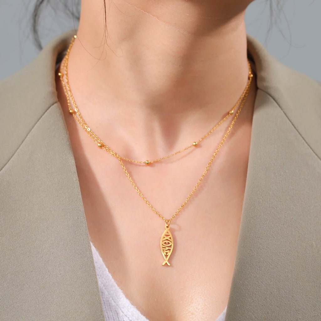 Collar Doble Capa Pez Ichthys Griego Acero Inoxidable para Mujer