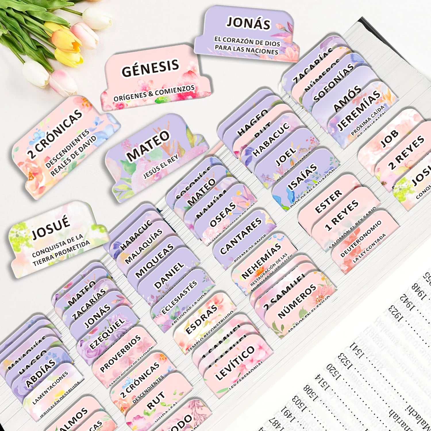 Pestañas para Biblia en Español (80 Piezas) - Índice Floral Laminado para Estudio Bíblico
