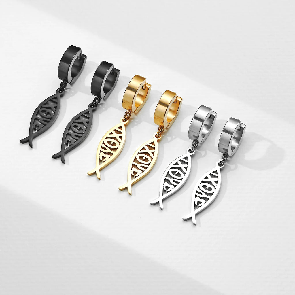 Varios Pendientes de Aro con Cadena y Pez Ichthys en Acero Inoxidable