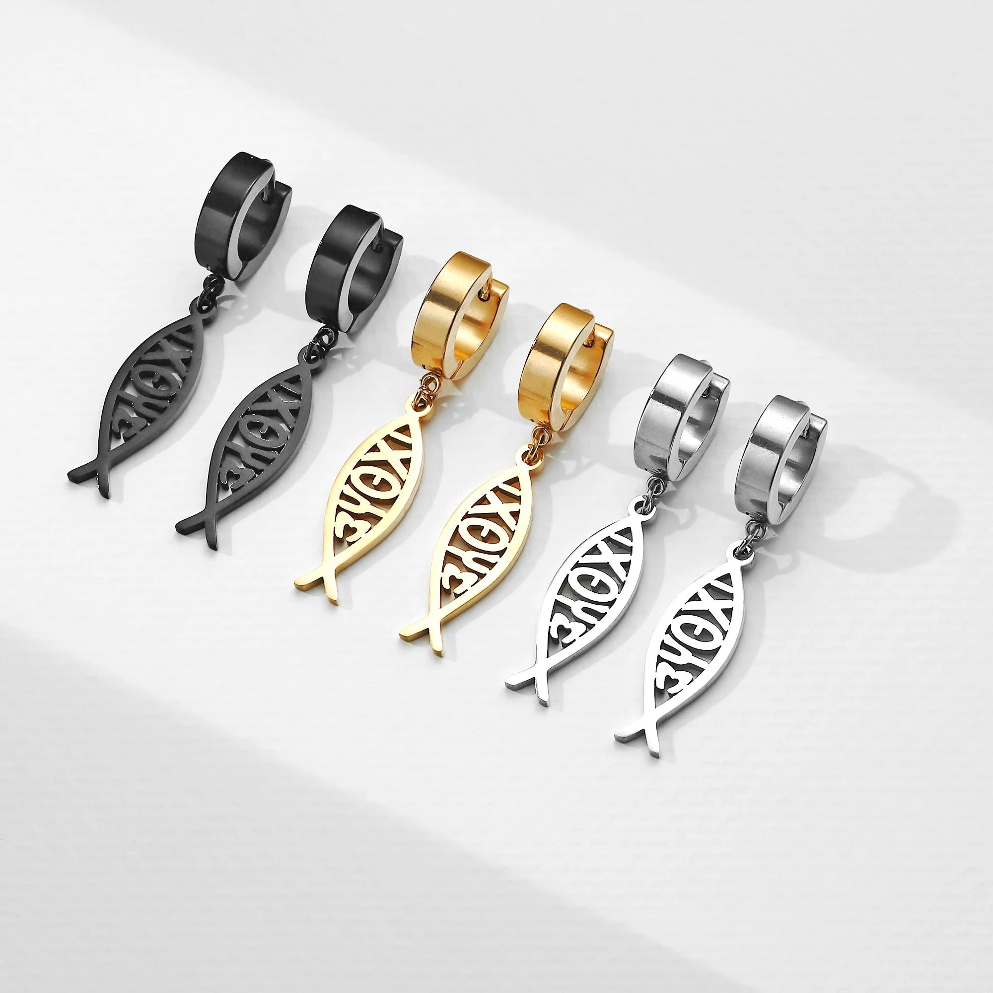 Varios Pendientes de Aro con Cadena y Pez Ichthys en Acero Inoxidable