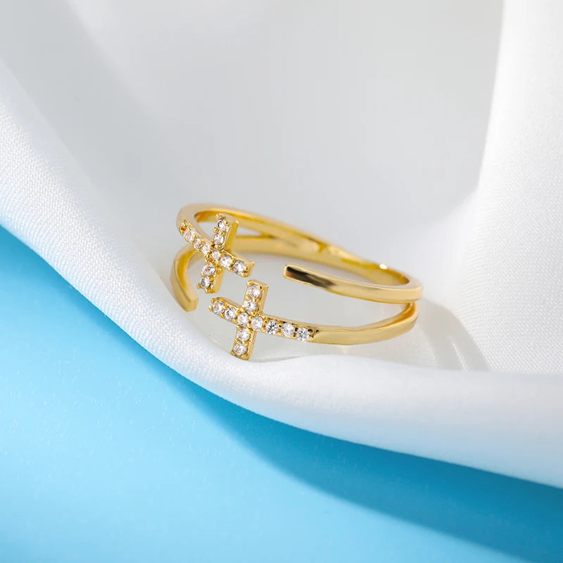 Anillos de Doble Cruz con Circonitas Acero Inoxidable