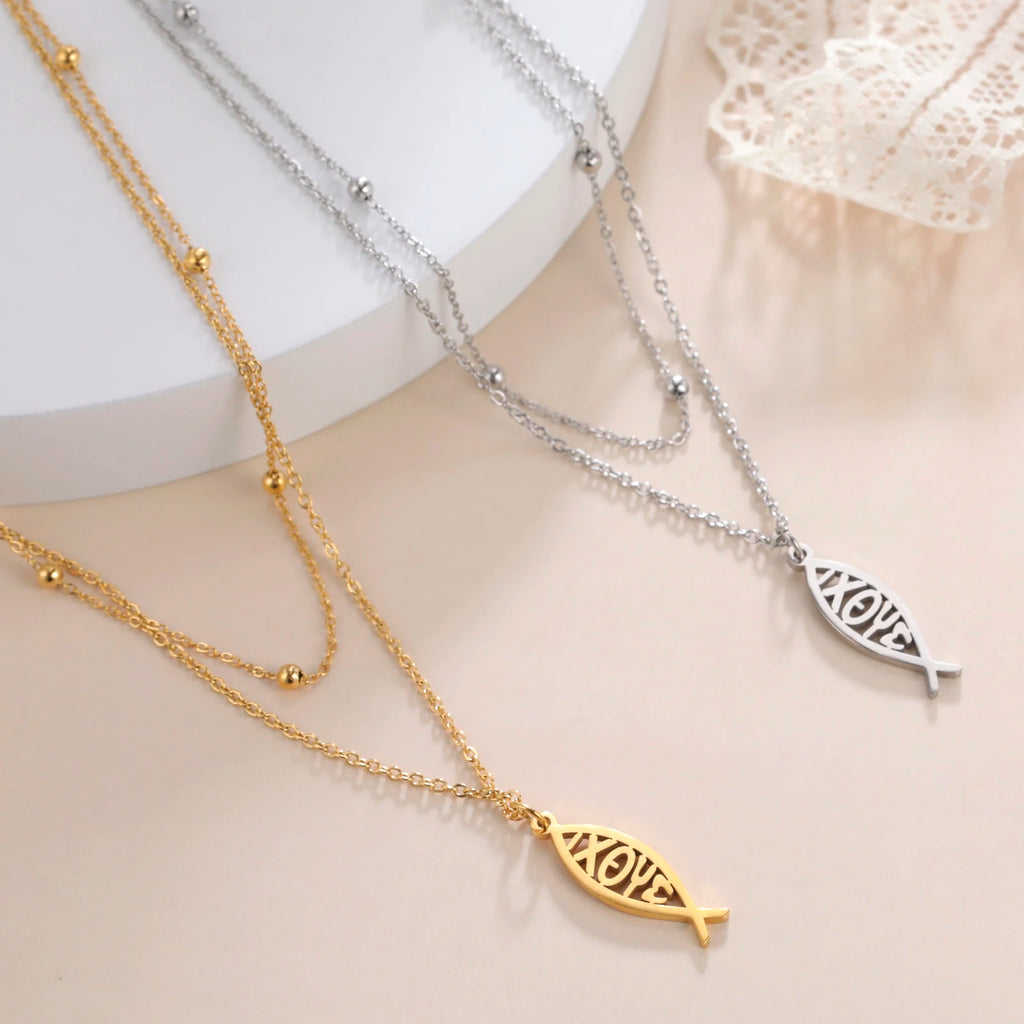 Collar Doble Capa Pez Ichthys Griego Acero Inoxidable para Mujer