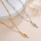 Collar Doble Capa Pez Ichthys Griego Acero Inoxidable para Mujer