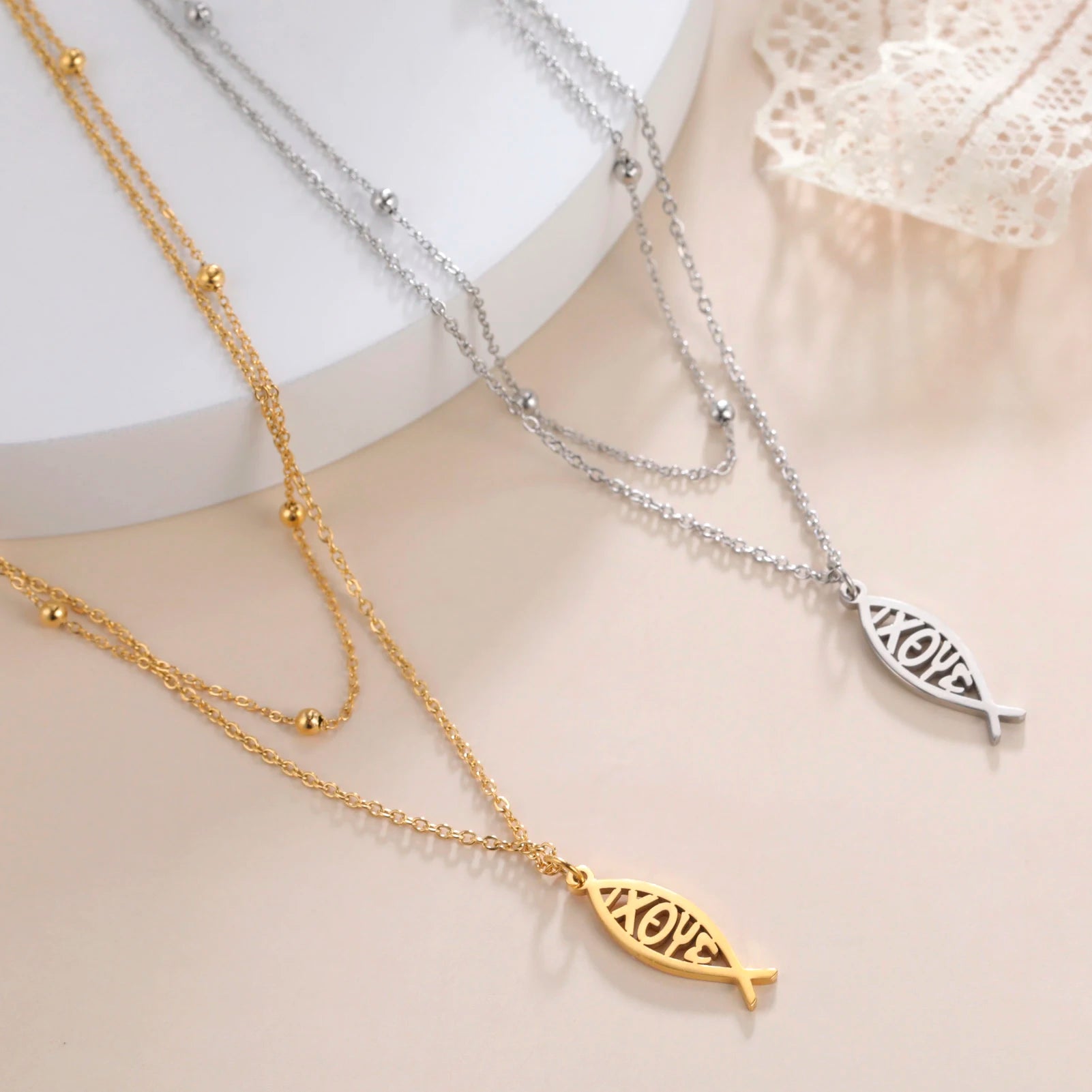 Collar Doble Capa Pez Ichthys Griego Acero Inoxidable para Mujer