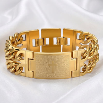 Brazalete cristiano  de Acero Inoxidable con Grabado del Padre Nuestro y Cruz