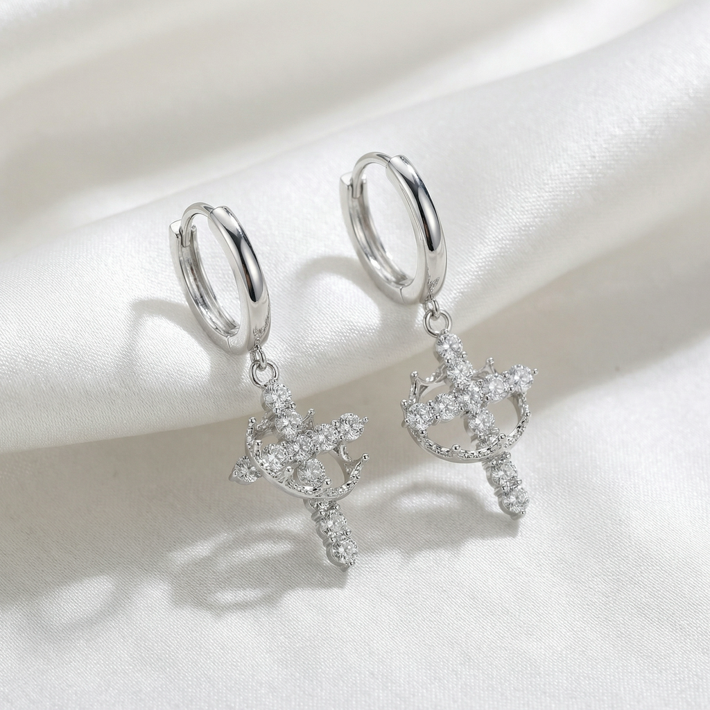 Pendientes de Cruz Coronada Giratoria para Mujer Cristiana