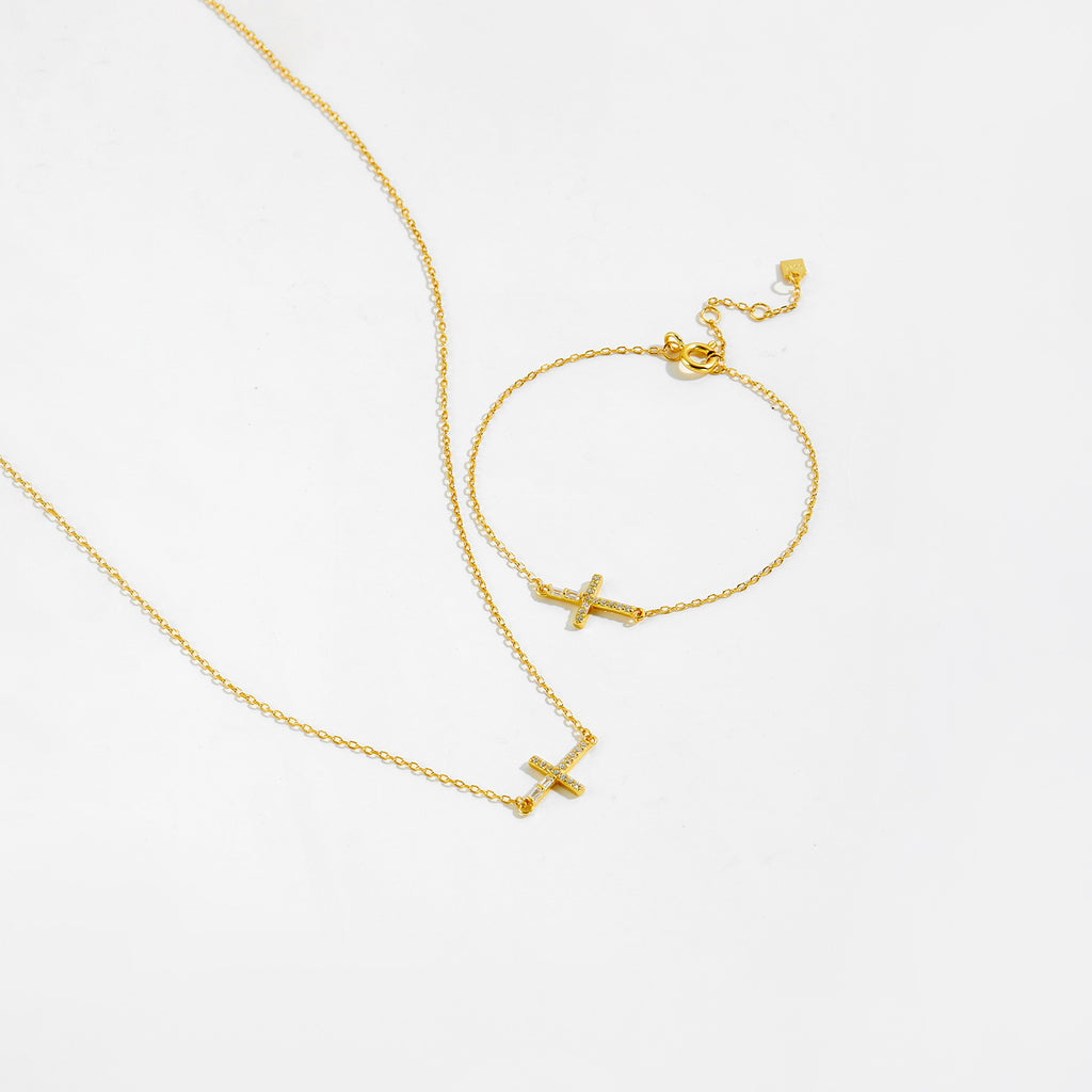 Collar y Pulsera de Cruz Horizontal en Plata de Ley 925