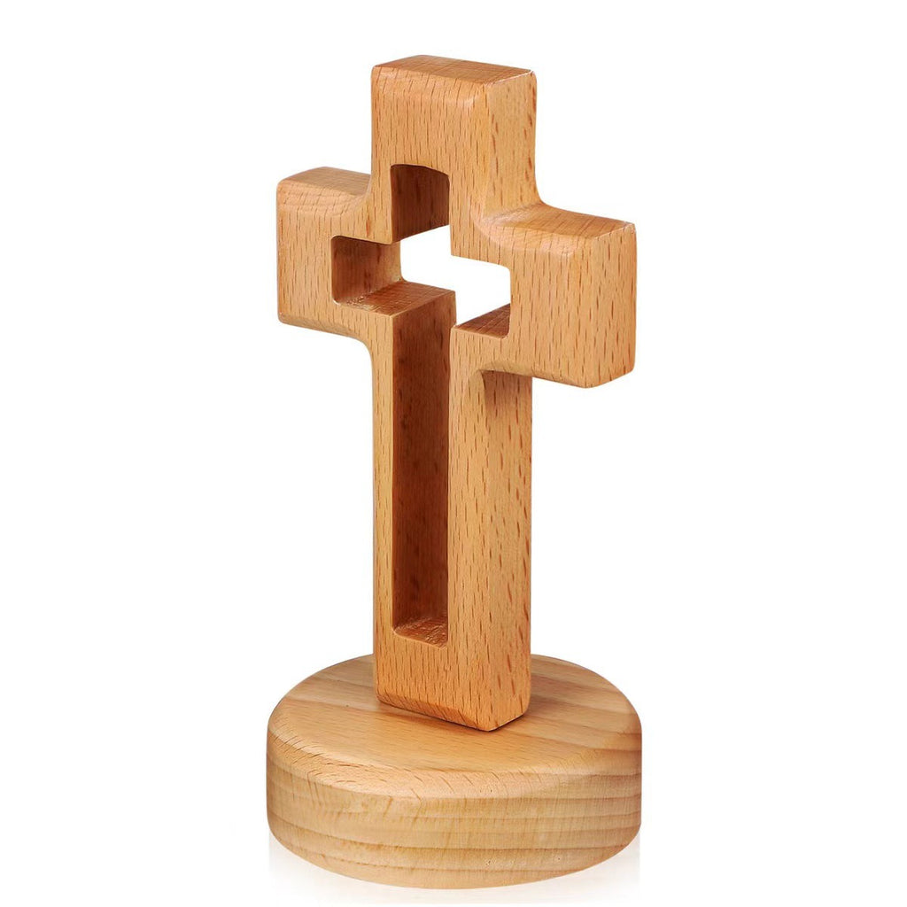 Cruz de Madera de Haya Tallada con Base Redonda - Estilo Clásico