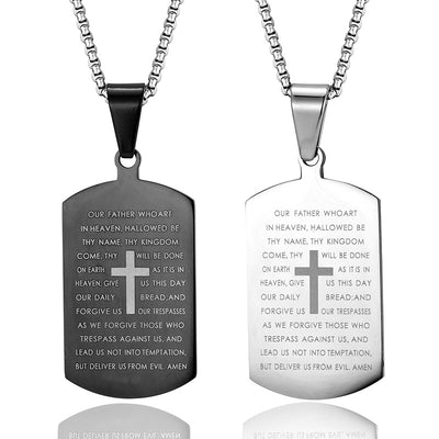 Collar cristiano Placa Militar con Grabado del Padre Nuestro y Cruz
