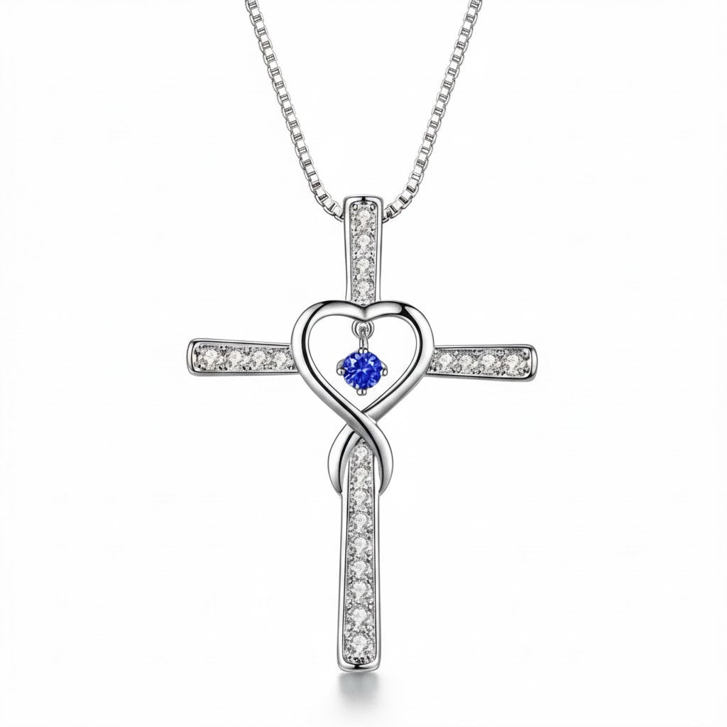 Collar cristiano  de Cruz con Corazón Infinito y Piedra de Nacimiento