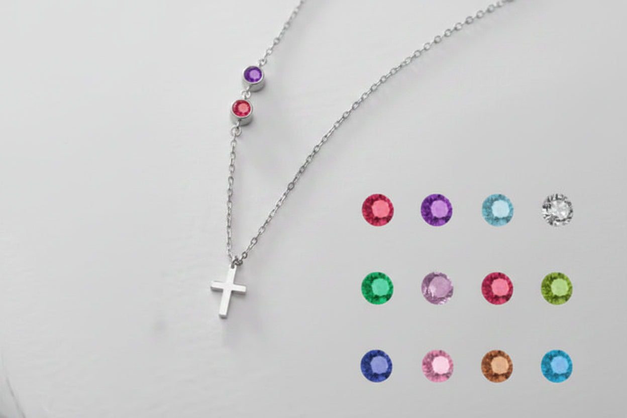 Collar Cruz con Piedras Personalizables - Acero Inoxidable