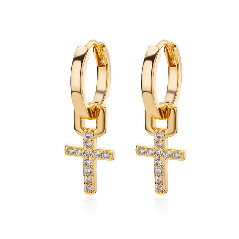 Pendientes geométricos con cruz – Acero inoxidable chapado en oro 18K para mujer