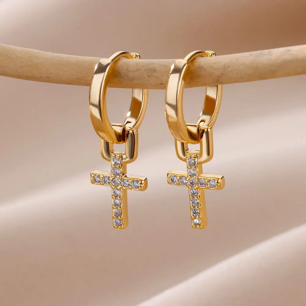 Pendientes geométricos con cruz – Acero inoxidable chapado en oro 18K para mujer