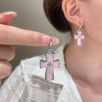 Pendientes rosa a cruz cristiana para mujeres
