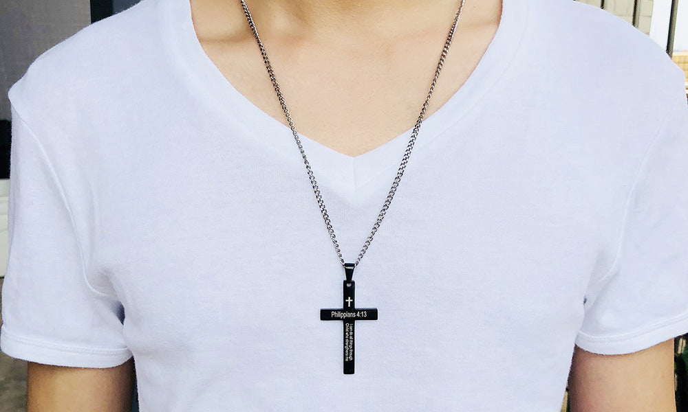 Collar con Colgante de Cruz y Versículo de Filipenses en Acero Inoxidable