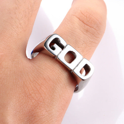 Anillo cristiano  "GOD" de Acero de Titanio con Letras Recortadas