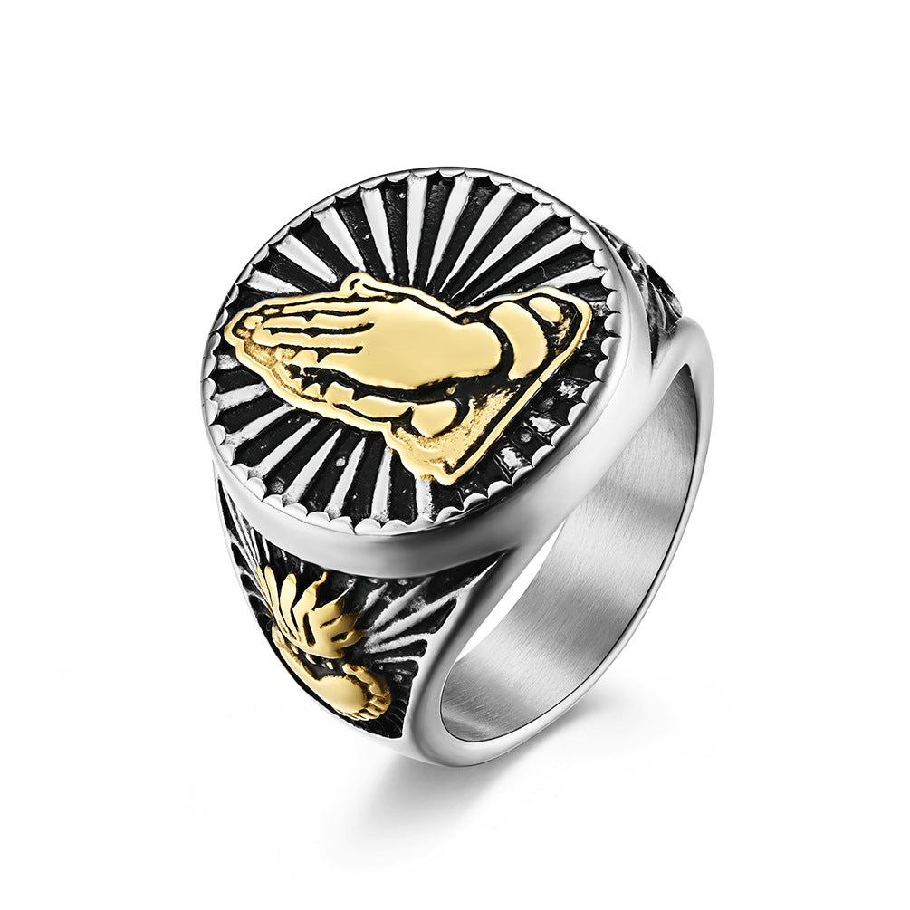 Anillo manos de oración cristiano – Acero inoxidable para hombres
