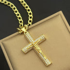 Collar con Cruz de Jesús Grande con Circonitas y Cadena Cubana