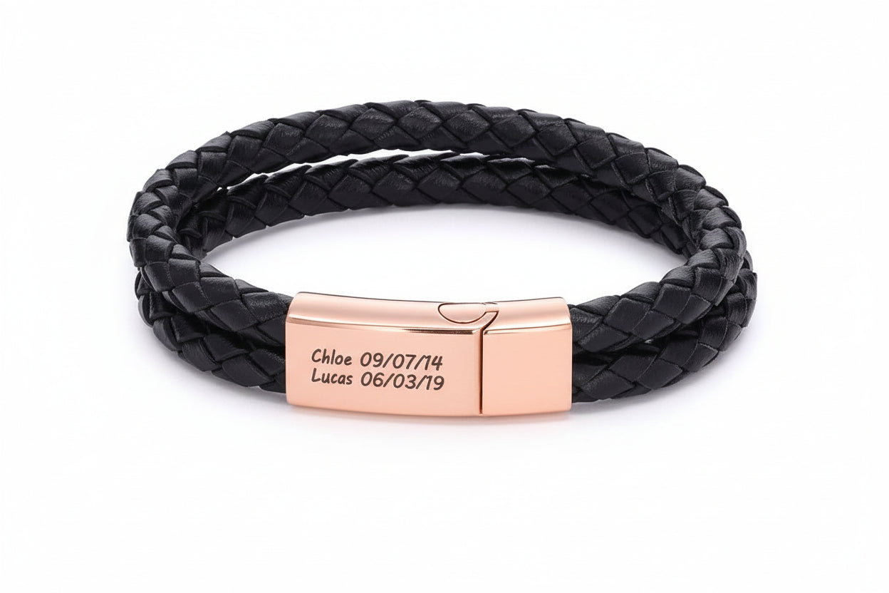 Brazalete Masculino de Cuero y Acero Personalizable "Fortaleza"