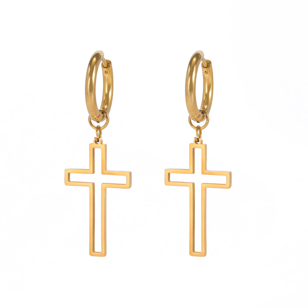 Pendientes de Aro con Cruz Minimalista en Acero Inoxidable