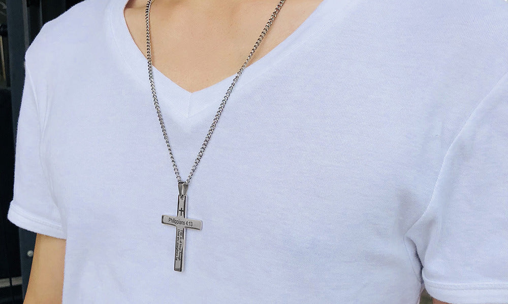 Collar con Colgante de Cruz y Versículo de Filipenses en Acero Inoxidable