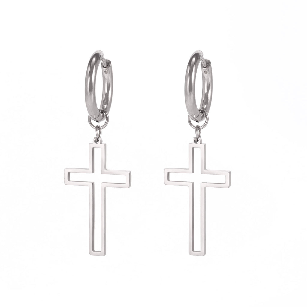 Pendientes de Aro con Cruz Minimalista en Acero Inoxidable