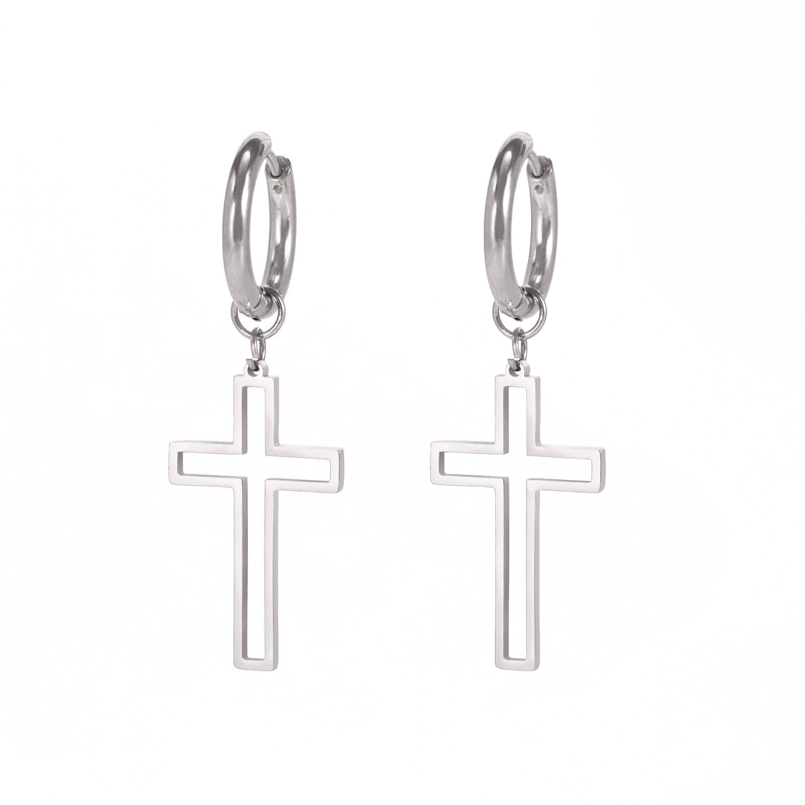 Pendientes de Aro con Cruz Minimalista en Acero Inoxidable
