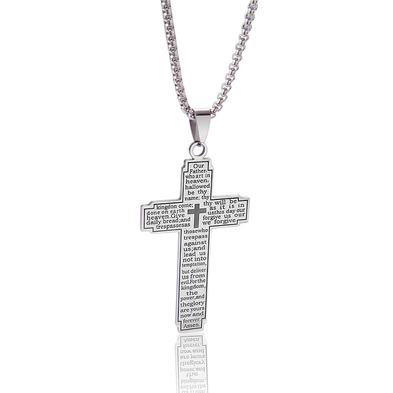 Collar de Cruz en Acero Inoxidable con Grabado del Padre Nuestro