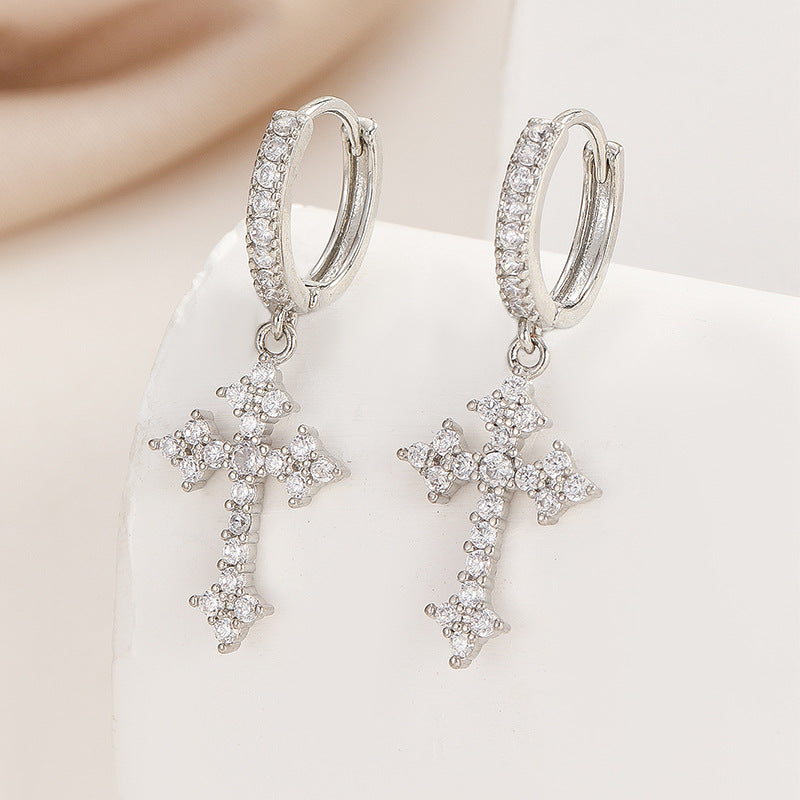 Pendientes cruz con zirconia unisex – Aleación resistente