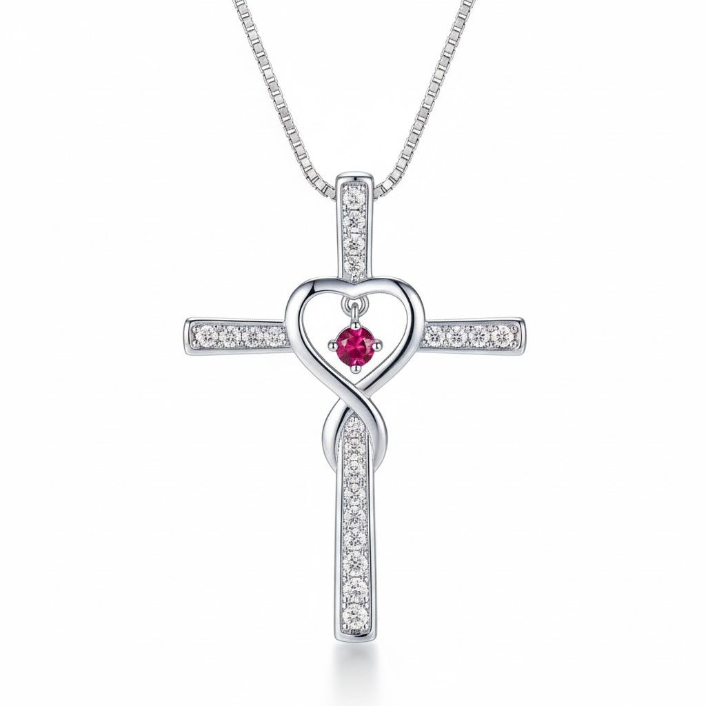 Collar cristiano  de Cruz con Corazón Infinito y Piedra de Nacimiento