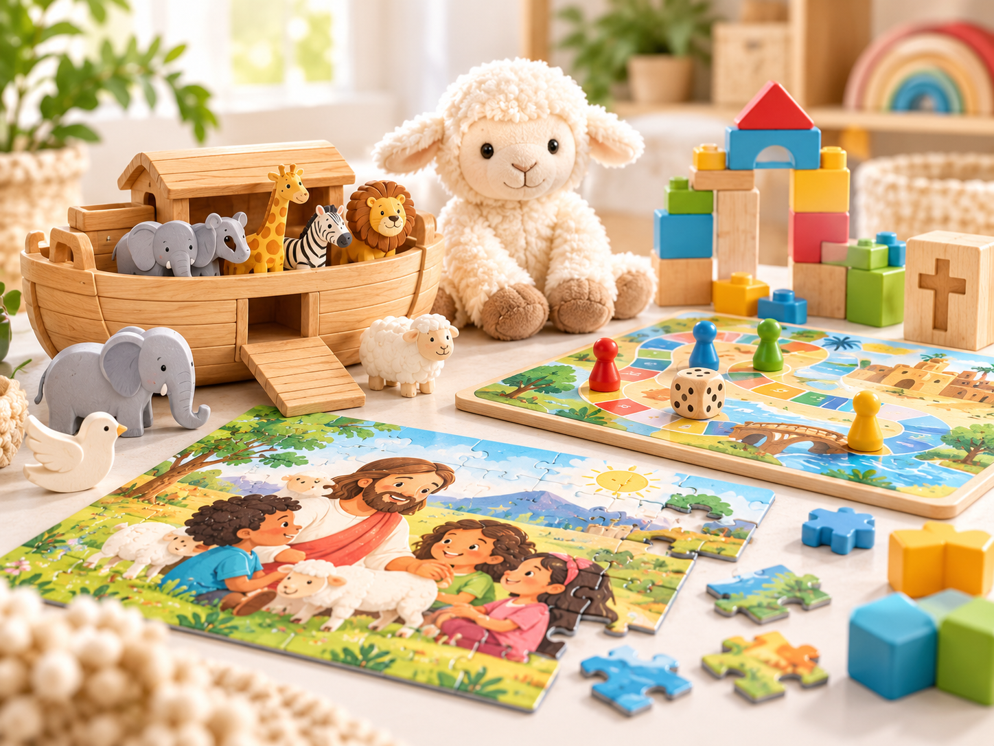 Juegos, puzzles bíblicos, un arca de madera y un corderito de peluche.