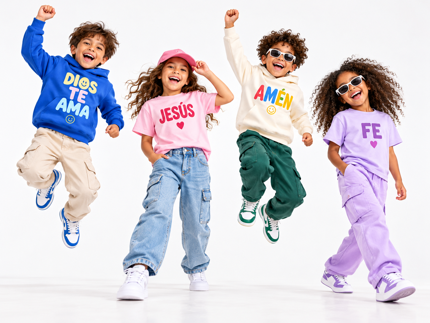 Niños con ropa colorida y mensajes cristianos.