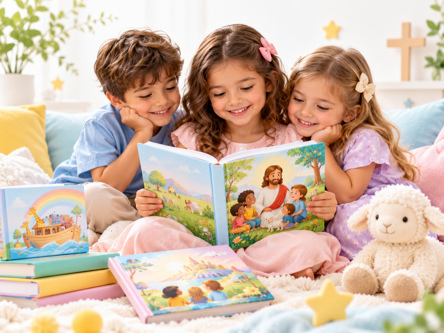 Niños leyendo juntos un libro ilustrado de historias bíblicas.