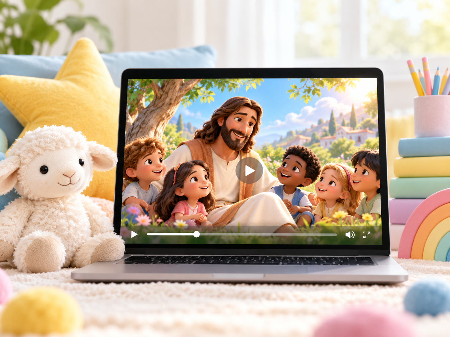 Un ordenador mostrando una historia bíblica ilustrada para niños.