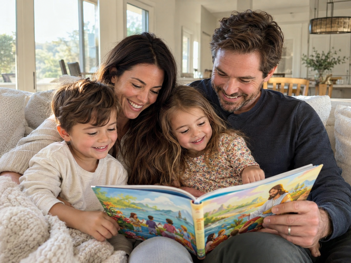 Una familia compartiendo la lectura de un libro ilustrado de historias bíblicas.