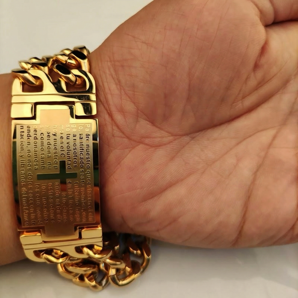 Brazalete cristiano  de Acero Inoxidable con Grabado del Padre Nuestro y Cruz