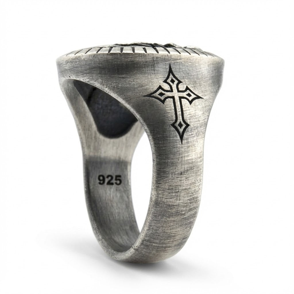 Anillo Sello de Fe en Plata Envejecida para Caballero – Acero inoxidable